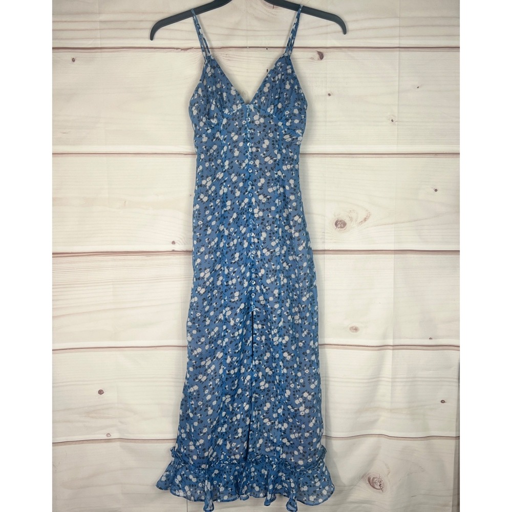 Majorelle Dress Womens XS Blue Floral Midi Button Front Chiffon Spaghetti Straps